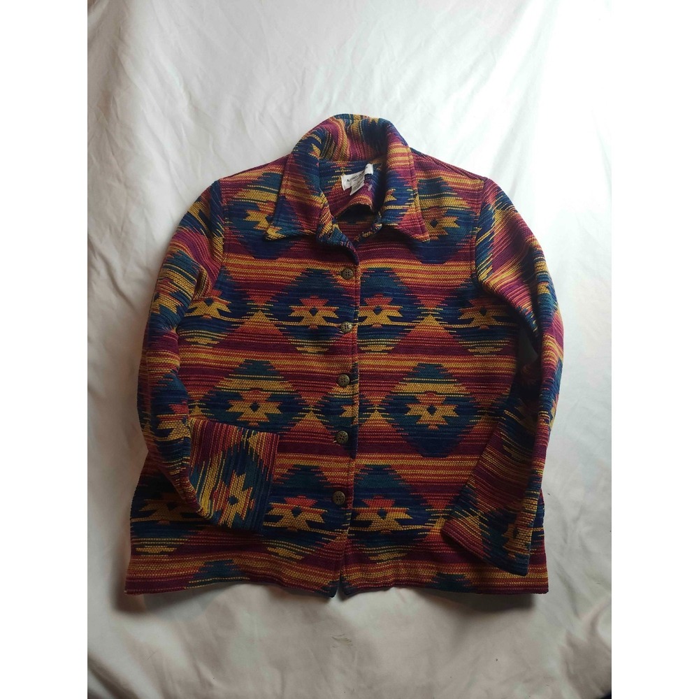 Alfred Dunner Button Front Jacket Womens 10P Multicolor Southwestern Aztec Print
